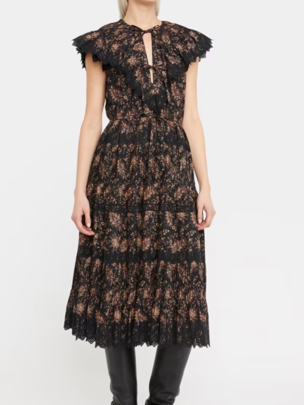 ULLA JOHNSON Jacqueline Yoked Midi Dress with Lace